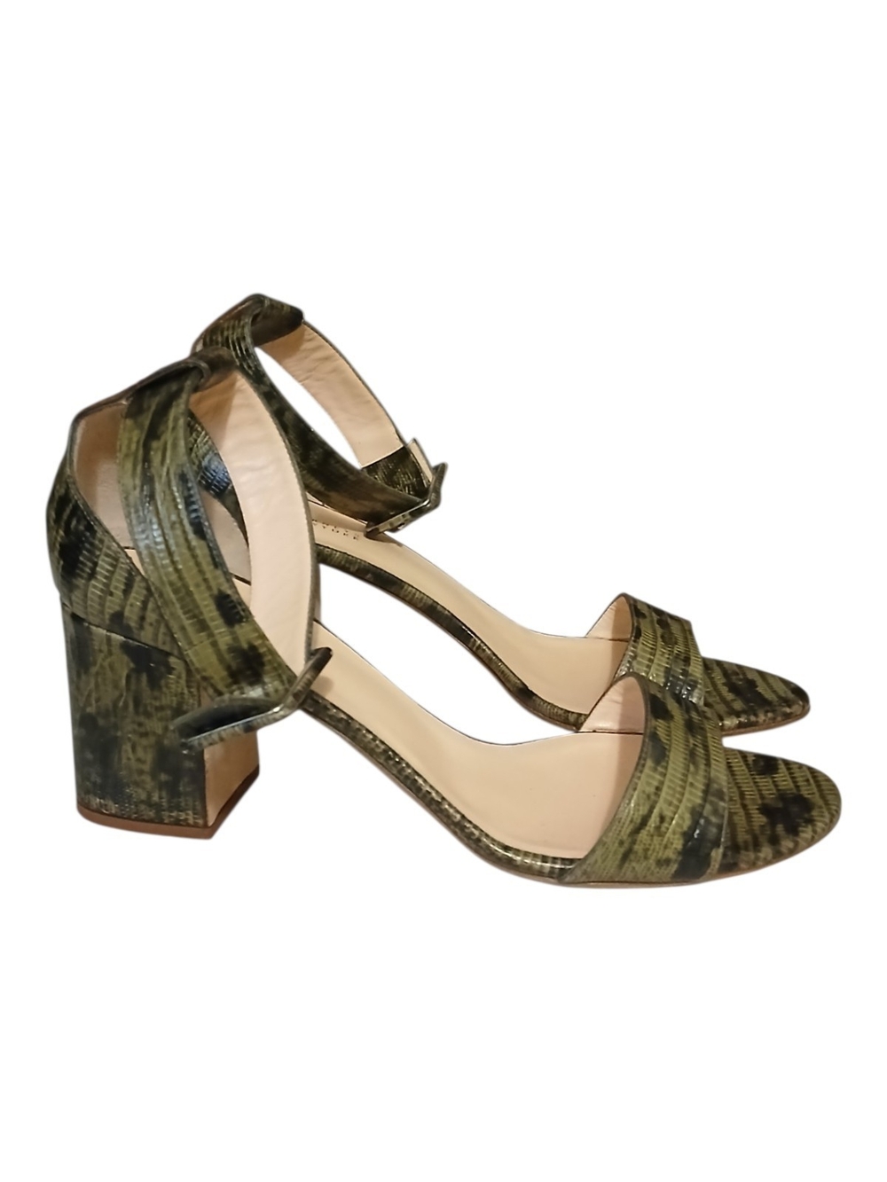 Barneys New York | Olive Green Snakeskin Textured Ankle-Strap Block Heels 40.5